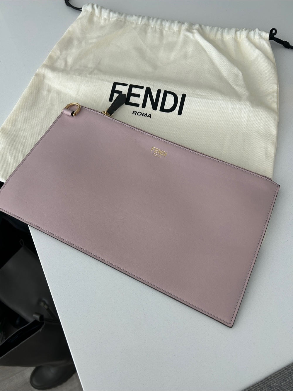 Fendi NWOT pale pink Leather Zip pouch with dust bag